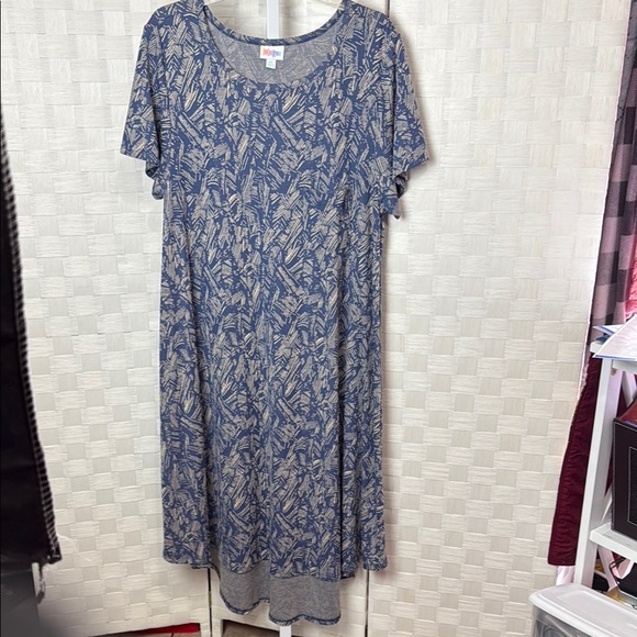 Lula Rosa blue and brown abstract print with front pocket hig low midi‎ dress - Picture 1 of 5